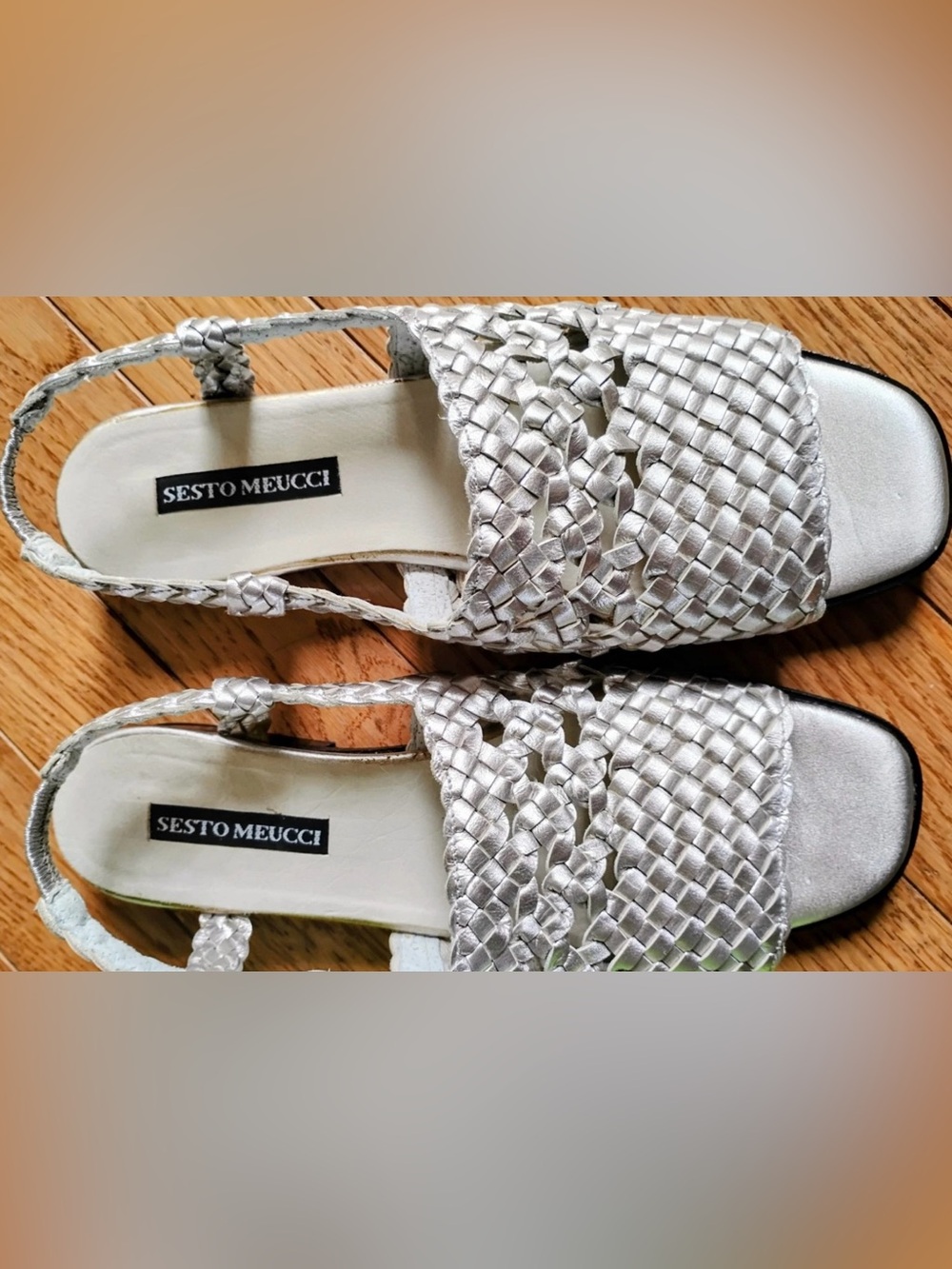 Sesto Meucci Silver Braided Slingback leather Sandals.